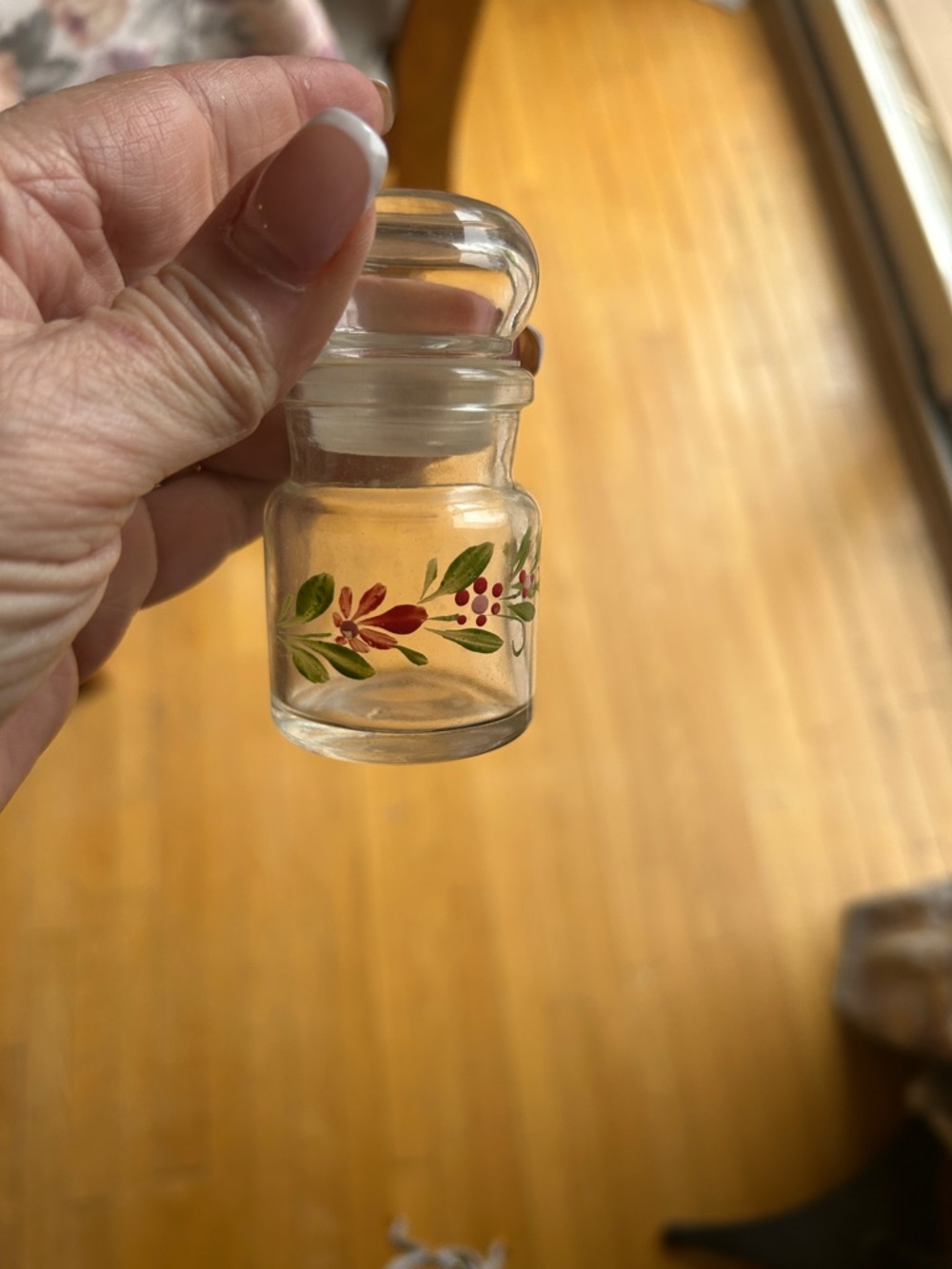 Vintage Hand-Painted Glass Spice Jar with Red Floral Motif